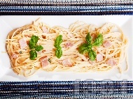 Рецепта Спагети Карбонара с оригинален бял сос от яйца, бекон, сирене пармезан и сметана